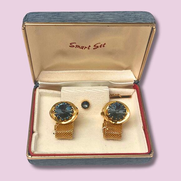 Smart Set-Golden and Blue Cufflinks and Tie Tack Set on Original Box - Picture 3 of 6